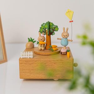 Wooden music box with moving skateboard bunny. Christmas birthday gift. home wooden decoration