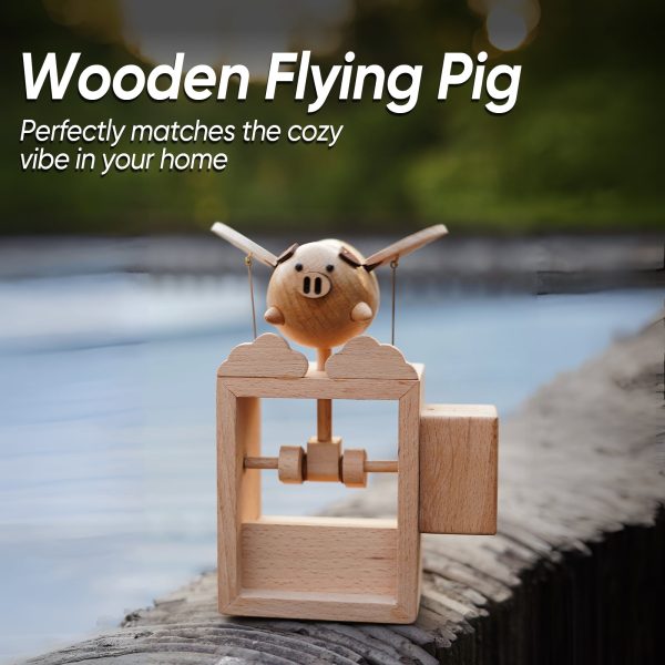 Browoodcraft Handmade Wooden Statues Flying Pig.  Works of Art Made of Wood for New House Decoration - Image 2