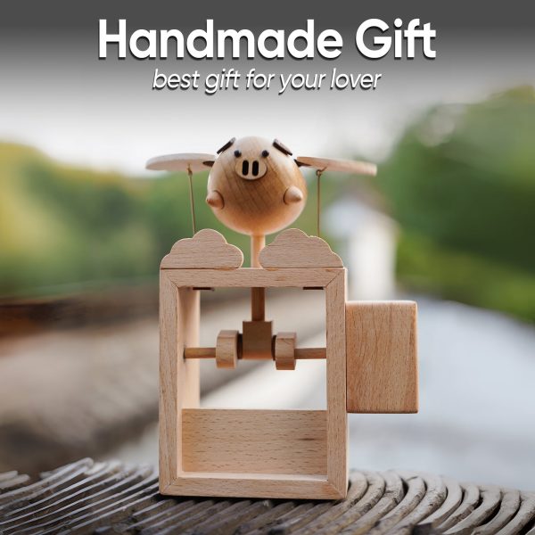 Browoodcraft Handmade Wooden Statues Flying Pig.  Works of Art Made of Wood for New House Decoration - Image 3